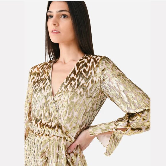 SIMKHAI Camryn Mini Wrap Dress Gold Metalic Silk Lurex 00 NWT $595 - Picture 10 of 10